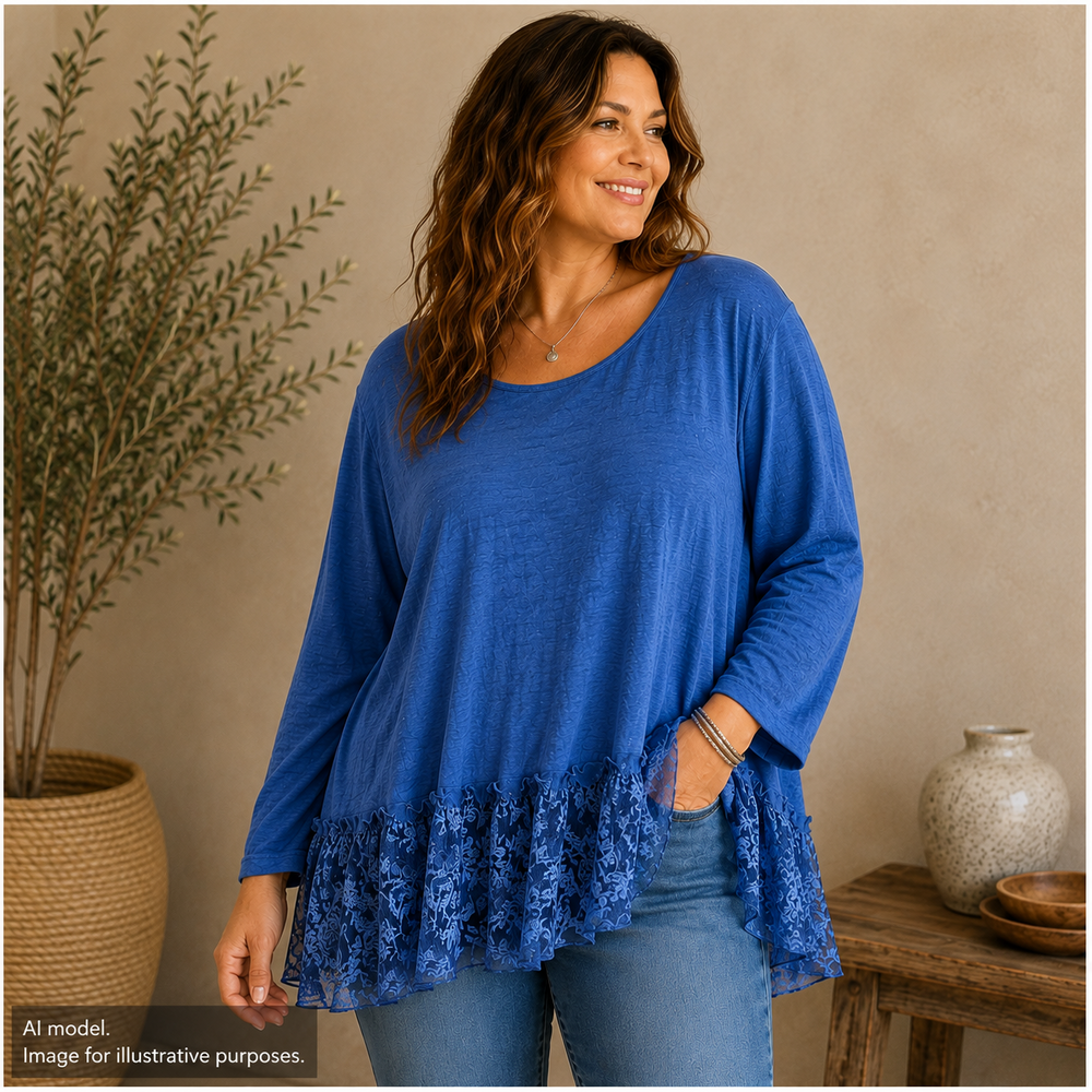 Soft Surroundings Shirt Women 1X Blue Mixed Media Flowy Floral Ruffle Hem Tunic